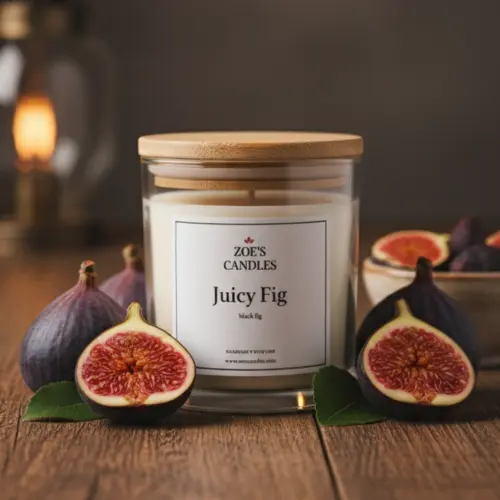 Zoe's Candles Juicy Fig Candle in between of fresh figs