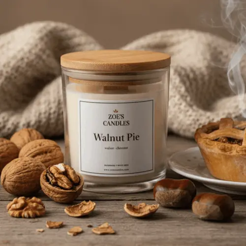 Walnut Pie candle with walnuts and a knitted blanket