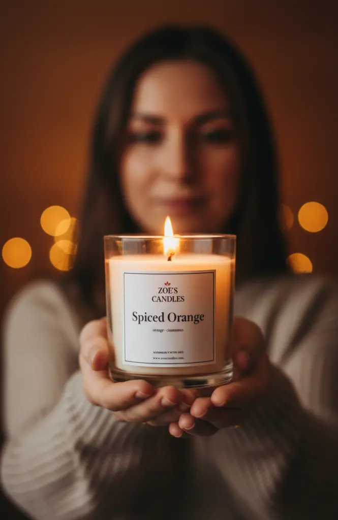 Zoe holding a lit Spiced Orange candle in a clear glass jar