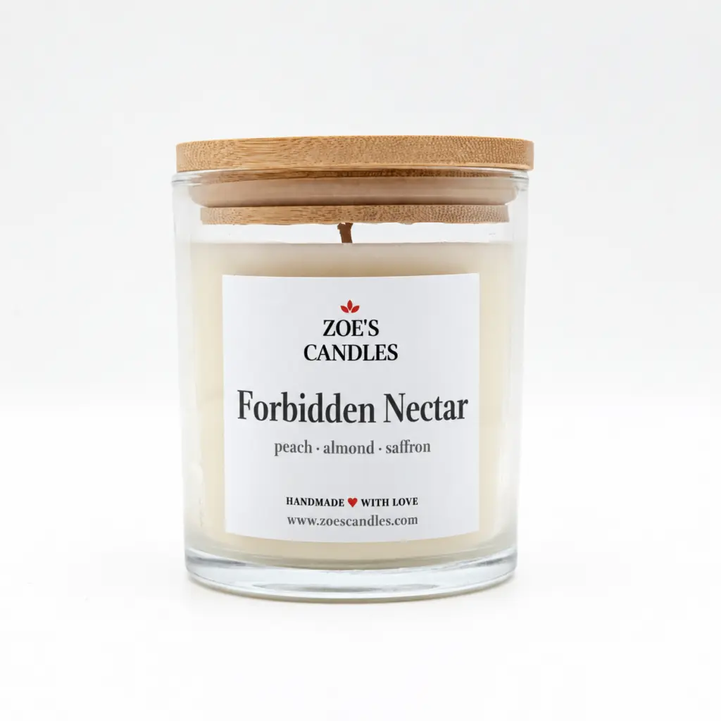 Forbidden Nectar scented candle in a clear glass jar with a bamboo lid