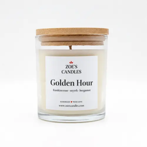 Golden Hour scented candle in a clear glass jar with a bamboo lid