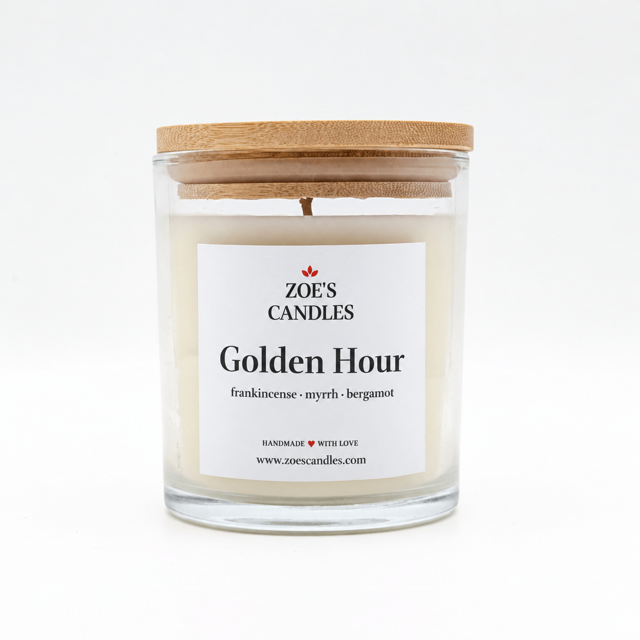 Golden Hour scented candle in a clear glass jar with a bamboo lid