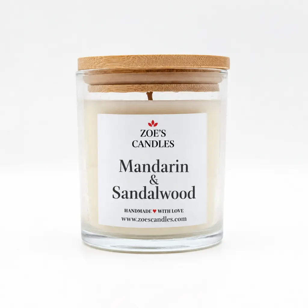 Mandarin Sandalwood scented candle in a clear glass jar with a bamboo lid