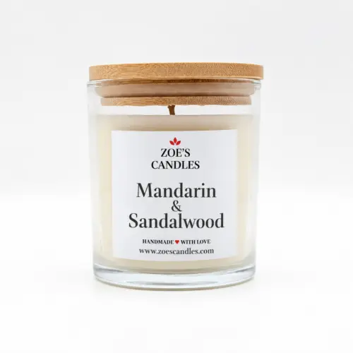 Mandarin Sandalwood scented candle in a clear glass jar with a bamboo lid